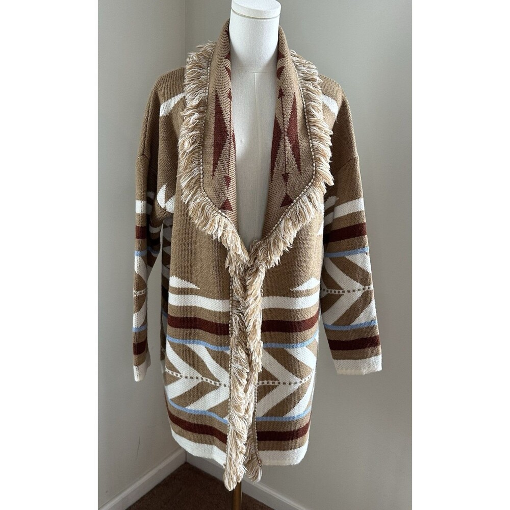 Cocogio Made In Italy Southwestern Fringe Shawl Cardigan Boho Tribal Knit Medium